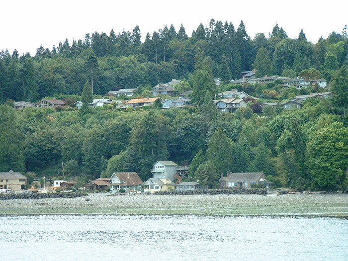 View from the ferry. Houses line the shore and hillside on Bainbridge Island, WA.